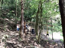 傾斜のついた山の一角にアスレチックが設置されており、子どもたちが周囲に集まって遊んでいる写真