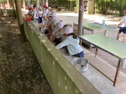 屋外の炊事場で、子どもたちが協力して作業を行っている様子の写真