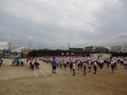 曇り空の中、体操服姿の子どもたちが校庭にずらりと並び、気をつけの姿勢をしている写真