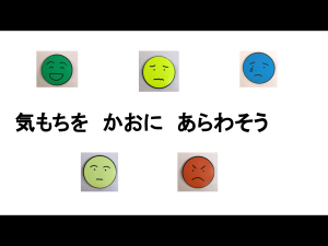 「気持ちをかおにあらわそう」の文章の上下に困った顔、泣いている顔、怒っている顔など5つの表情した顔のイラストがえがかれている写真