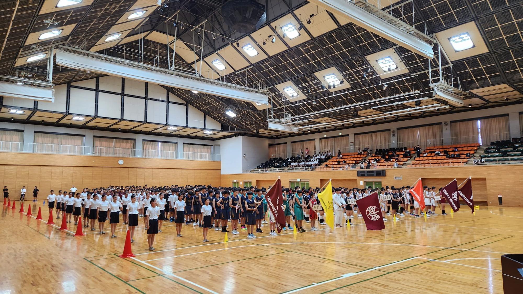 先頭の選手が旗を持ち、学校ごとに整列している開会式の様子の写真