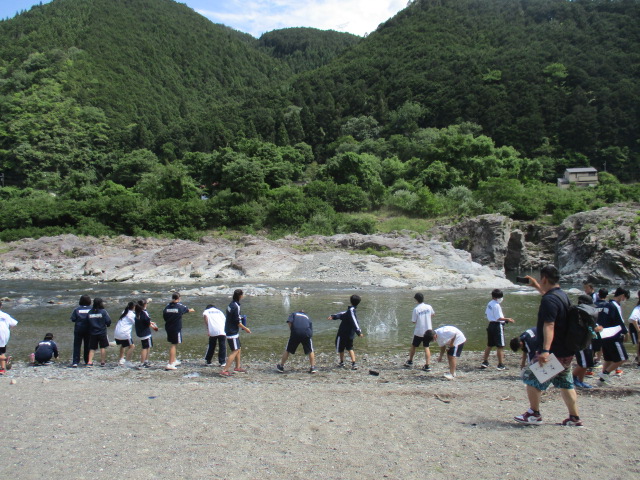 木々が生い茂った山の対岸に一列に並んで立っている生徒たちが、川に向かって石を投げているクラスウォークの様子の写真