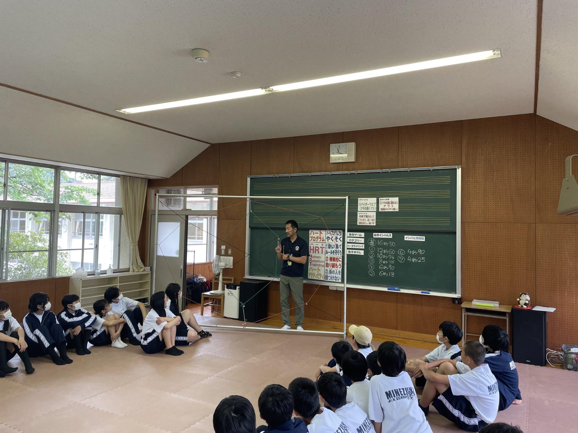 屋内の部屋の黒板の前に設置された、2メートルくらいの四角形の枠内に緑や赤色の紐で蜘蛛の巣の様な形をつくった後ろに立つ男性スタッフの話を、生徒たちが左右の床に座って聞いているHRTプログラムの様子の写真