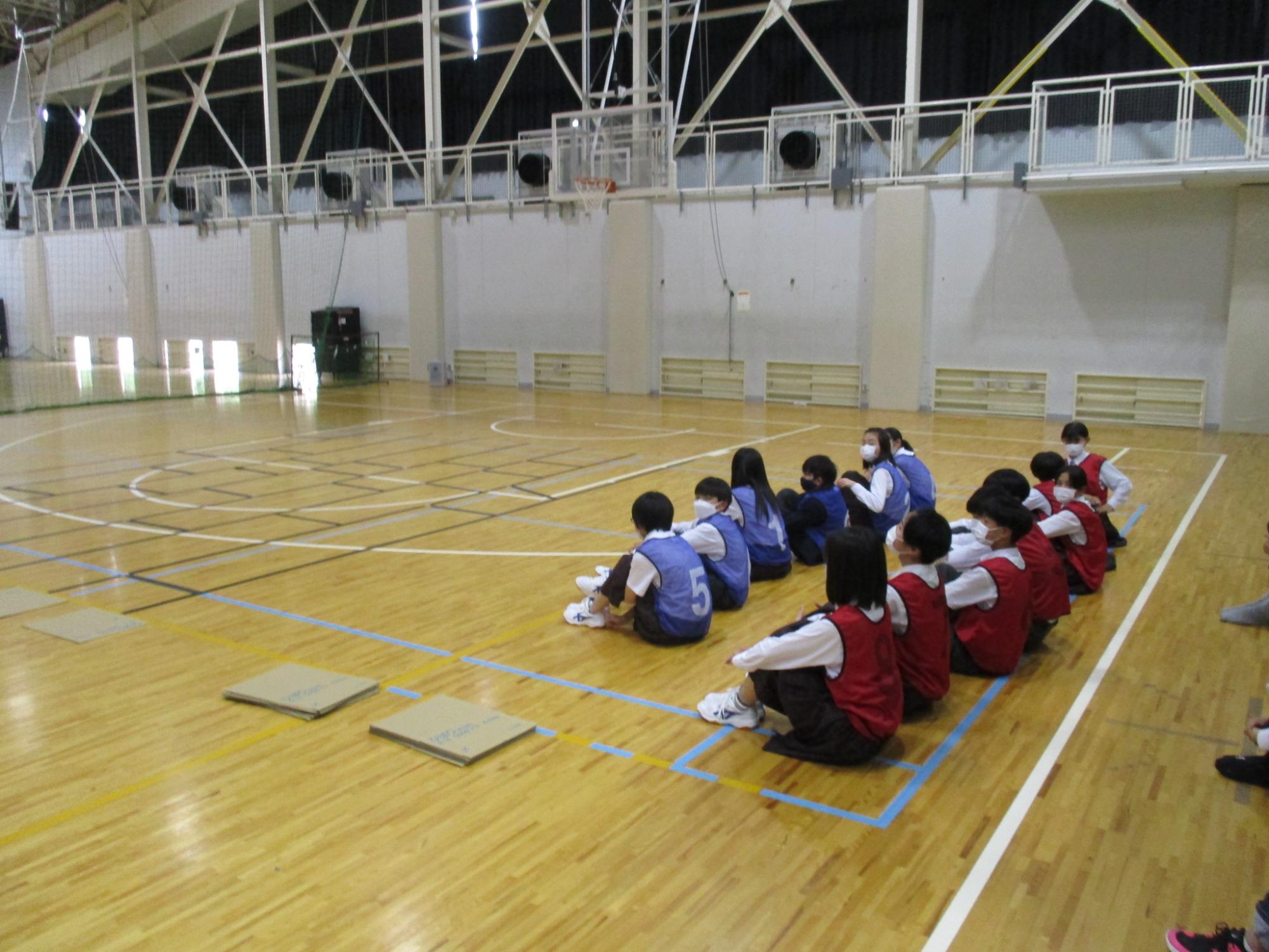 体育館に紫色や赤色のビブスを着た生徒が色ごとに横一列に並び、前方の床に黒色のテープであみだくじの線が引かれているクラスカラーを決めている様子の写真