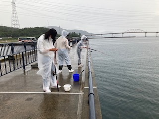 奥に大きな橋が見える湖岸沿いで、レインコートを着た生徒たちが釣りを行っている様子の写真