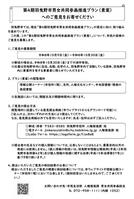 第４期羽曳野市男女きょうづお参画推進プラン素案へのパブリックコメント実施