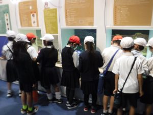 様々なコーナーが並んでいる展示場で、ガラスの先に展示されている資料を鑑賞している子どもたちの写真