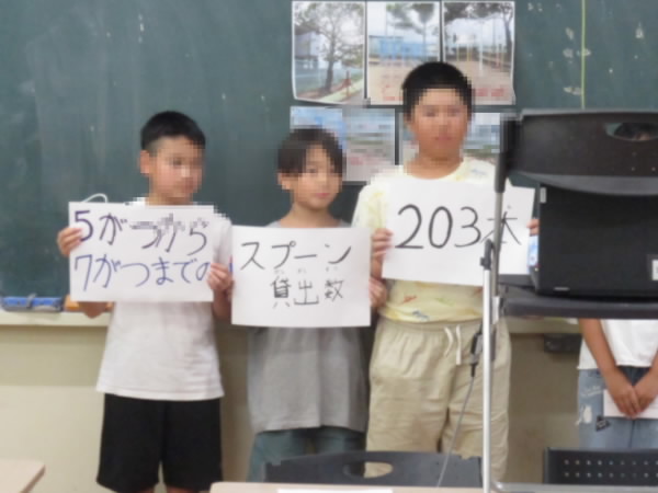 250908_児童朝会で発表する給食委員会の子どもたち